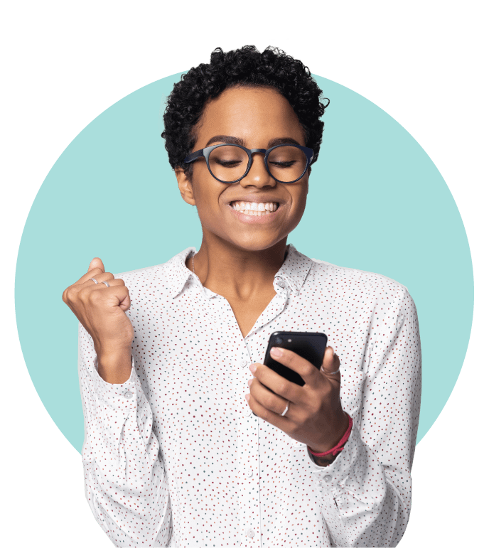 Excited Woman holding phone with Circle Backrgound